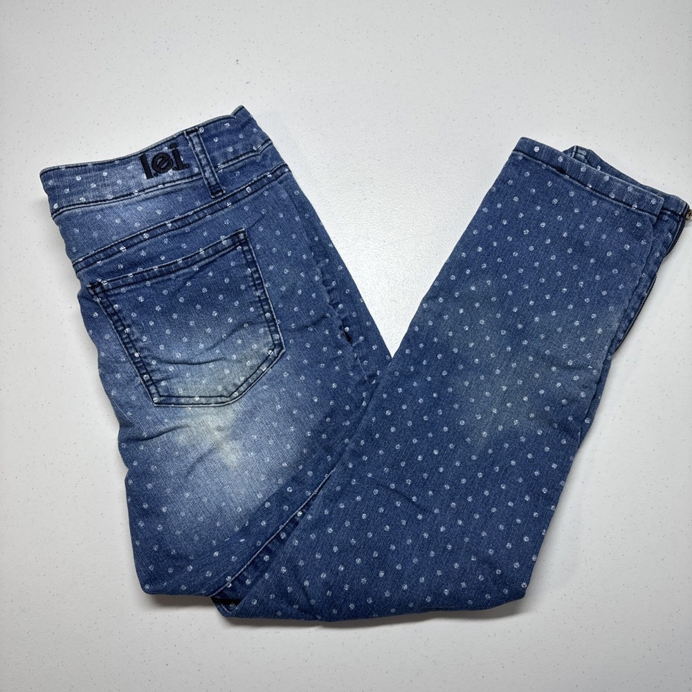 L.E.I. Ashley Low Rise Akira White Polka Dot Jeans 31*25 Sz 9 Bootcut Zipper leg